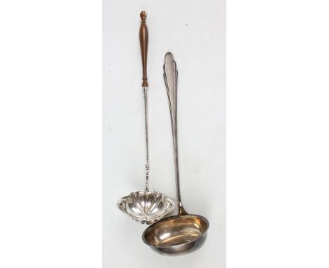 A 19th century electroplated toddy ladle with shaped oval bowl and turned wooden handle, length 38cm, and a Continental elect