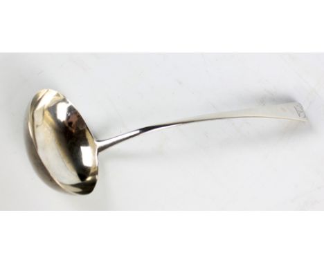 WILLIAM ELEY & WILLIAM FEARN; a George III hallmarked silver Old English pattern soup ladle, the terminal engraved with motto