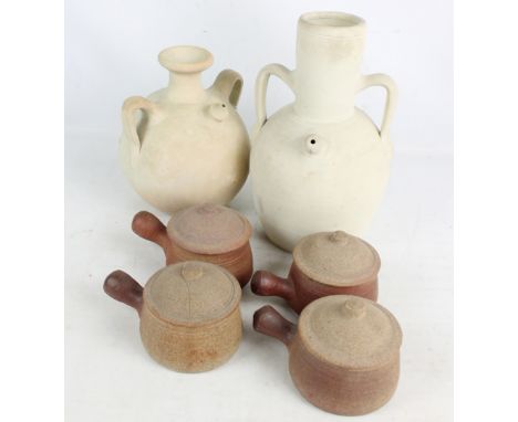 A set of four earthenware covered soups by Bernard Leach Pottery (one cover a/f), and two large stoneware twin handled water 