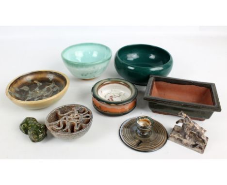 A small group of studio ceramics to include a circular bowl signed S Davies to the base, diameter 17cm, a candlestick, a rect