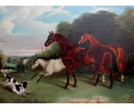 19TH CENTURY ENGLISH SCHOOL; oil on canvas, portrait of three horses and a spaniel with a stately home in the background, sig
