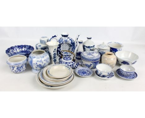 A quantity of 20th century Japanese, Chinese and other predominantly blue transfer decorated ceramics to include a circular t