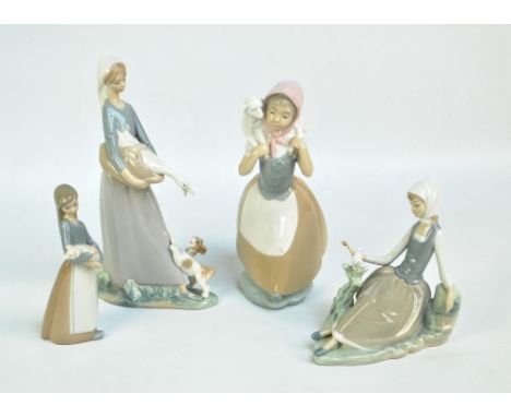 Three Lladro figures; goose girl with puppy, seated girl with bird, and small girl with piglet and a Nao figure; girl with la