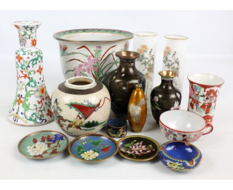 A small group of Chinese items to include a ceramic enamel decorated jardinière with stand, diameter 23cm, a crackle glaze gi