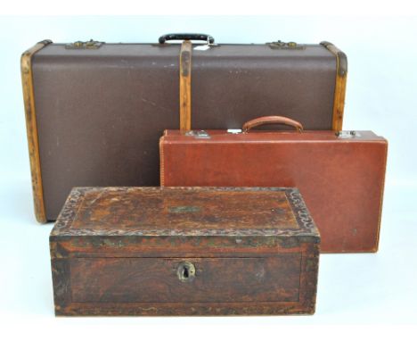 Late 19th/early 20th century mahogany and brass inlaid writing slope (for restoration), width 50cm, wood and brass bound trav