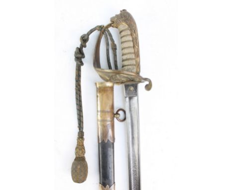 A late 19th century naval officer's dress sword supplied by Larcom & Veysey with shagreen grip and lion head pommel, with sca