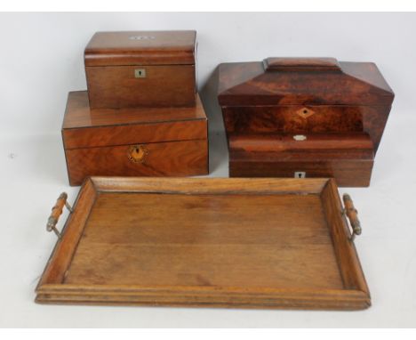A Victorian rosewood glove box with mother of pearl escutcheon and cartouche to the hinged domed lid, width 24cm, a walnut sa