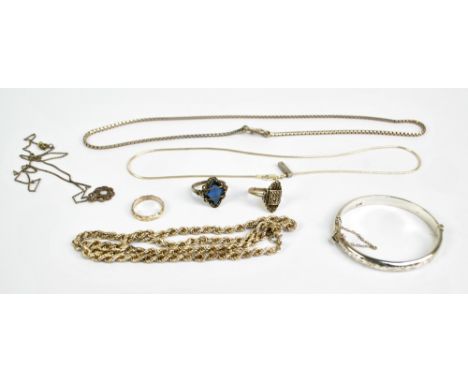 A small group of silver jewellery to include a rope twist chain necklace, a snap bangle and two rings, also a white metal box