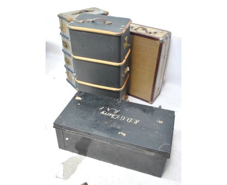 A large tin travelling trunk inscribed ''RDG Cherry RAF'', with GWR stickers, width 89cm and three other travelling trunks (4