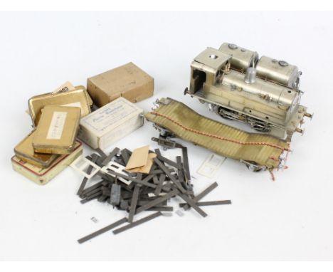 A scratch built tin model of 'Tammy the Shunter' locomotive, length 18cm, and similar oil tanker, also a group of various mod
