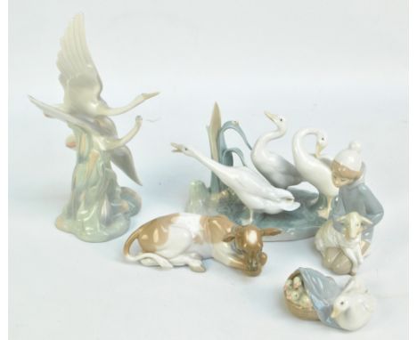 A Lladro figure group of three geese, three further Lladro animal figures; a duck with a basket of ducklings, boy with a shee