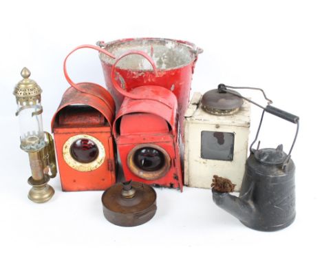 A collectors' lot of railway interest to include a red painted fire bucket, a great western railway carriage lamp, two furthe