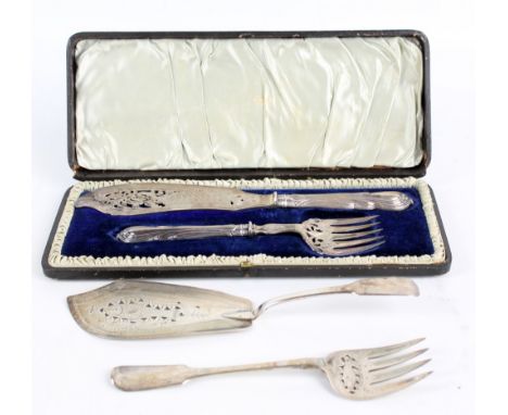 HARRISON BROS & HOWSON; a cased pair of Victorian hallmarked silver fish servers with pierced and engraved decoration, Sheffi