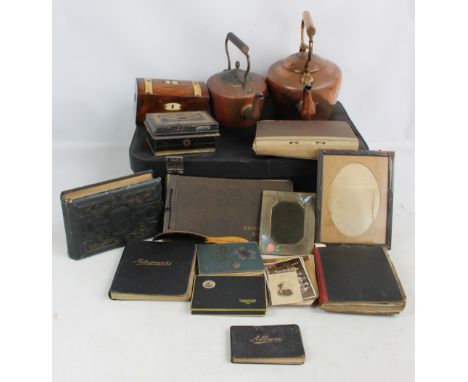 A quantity of collectors' items including two Victorian copper kettles, a Victorian strap bound tea caddy (af), a quantity of
