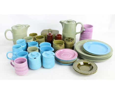 A quantity of Royal Lancastrian associated ribbed decorated dinner and teaware in various colours to include coffee pot, hot 