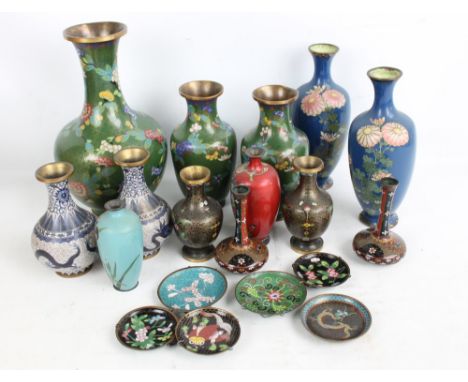 A quantity of 20th century Japanese cloisonné, the majority vases, also small trinket dishes (some af).