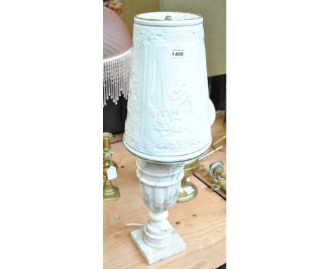 A white marble fluted urn shaped lamp base on square foot, height 41.5cm including fitment, with a porcelain lithophane shade