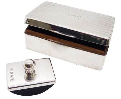 20th century silver mounted cigarette box, the hinged cover with circular panel engraved with initials and engine turned surr