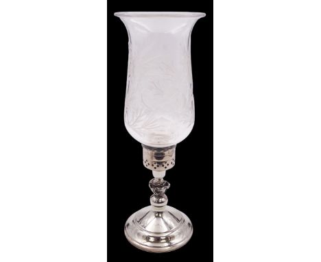 Modern silver storm or candle lamp, the glass tulip shaped shade with foliate etched decoration supported upon a filled base 