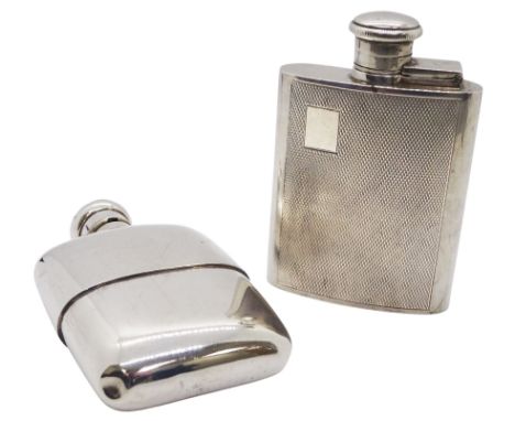 Modern silver hipflask, with engine turned panel to front and vacant rectangular panel to upper left corner, hallmarked Willi