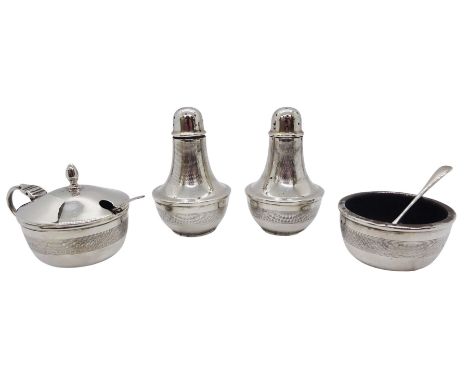 Mid 20th century silver four piece cruet set, comprising two peppers, Bakelite mounted mustard pot and cover and Bakelite mou