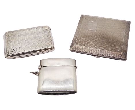 Mid 20th century silver compact, of square form with engine turned decoration, opening to reveal mirror to interior, hallmark