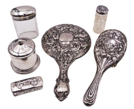 Group of silver, comprising Edwardian silver mounted hand held mirror, embossed throughout with fruiting vines, hallmarked W 