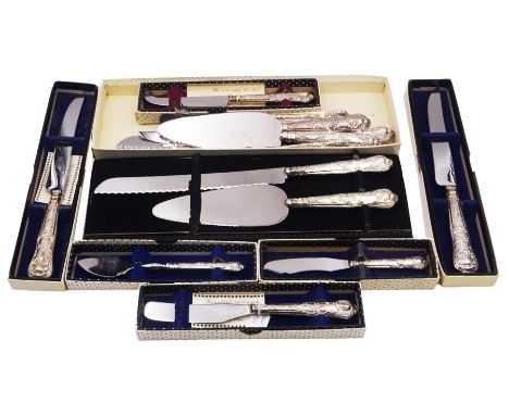 Selection of mid to late 20th century silver handled Queens pattern flatware, to include cake knives, bread knives, butter kn