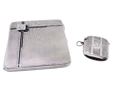 1930's silver cigarette case, with engine turned decoration and Art Deco style geometric detail, hallmarked Joseph Gloster Lt