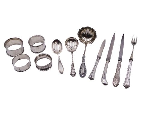 Group of silver, comprising modern silver handled letter opener, the handle decorated in low relief with Oriental scene set w