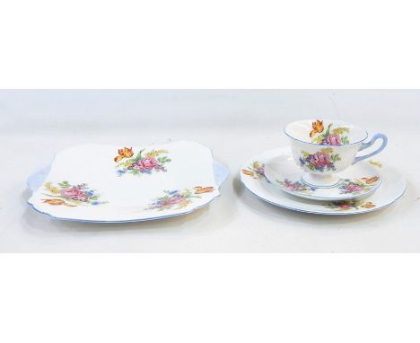 Shelley china tea service for six persons, all floral spray decorated with blue borders, including bread and butter plate and
