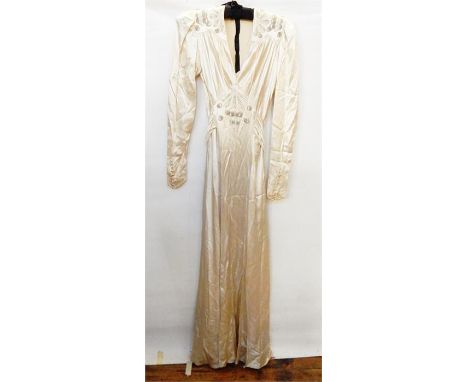 1930's satin vintage style evening dress with embroidered shoulders and front panel, the belt attached, a cream chiffon and b