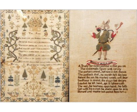 Sampler, date hard to read, worked by Harriott Franklin aged 8(?) 18(?), there wear and some loss but not to the central pane