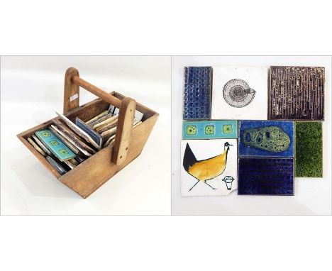 Quantity of 1960's and other mid 20th century ceramic tiles in wooden trug 