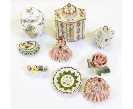 Sevres miniature saucer painted with roses, similarly decorated covered trinket box, three Dresden style miniature ladies in 