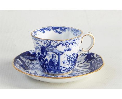 Royal Crown Derby china teaset, blue and white with Chinese scenes of figures in garden settings, viz:- six teacups, six sauc