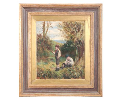 ENGLISH SCHOOL, 20TH CENTURY Two Victorian boys fishing by a riversideunsigned, oil on canvas, 29.5cm x 24.5cm