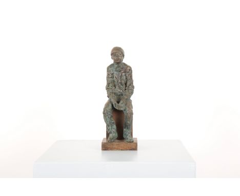 *GERDA RUBINSTEIN (1931-2022) A pensive seated boy with a bookmodelled upon a wooden block and plinth, '3/6 GR' verso, resin 