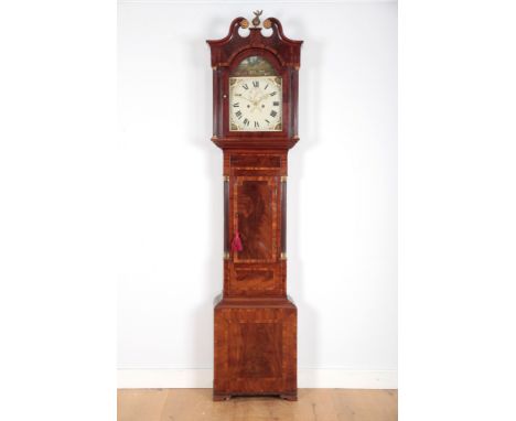 A MAHOGANY LONGCASE CLOCK late 18th/early 19th century, the painted dial with hunting scene to arch, with an eight day two tr
