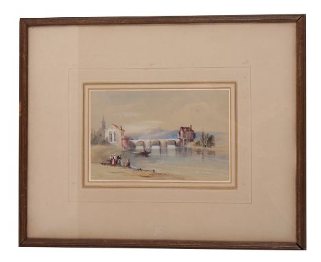 JAMES DUFFIELD HARDING (1797/8-1863) 'Bridge And River'titled to a Fine Art Society label verso, watercolour on paper with Gu