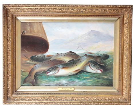 R. HENRY JERMAIN (19TH/20TH CENTURY) A study of landed fishtumbling from a wicker basket, a mountainous landscape in the dist