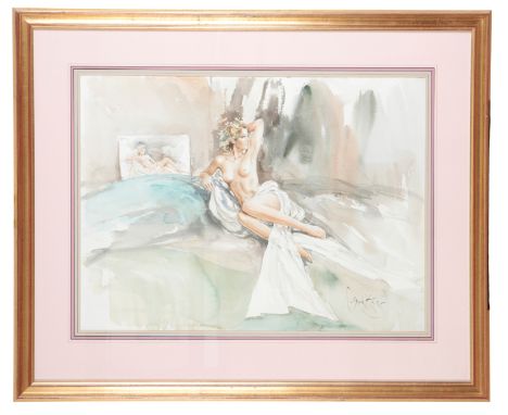 *GORDON KING (1939-2022) 'Elegant Model' a reclining nude in drapery, signed lower right, watercolour on paper, 55cm x 72cmPr
