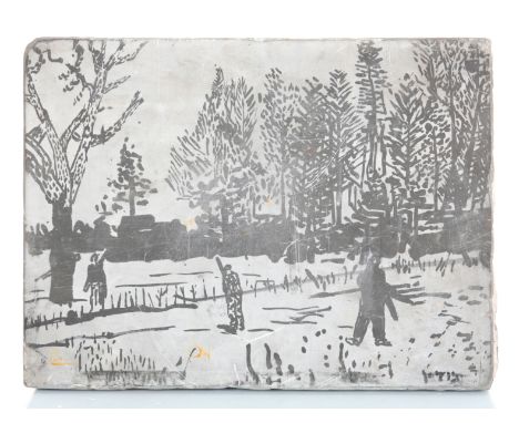 THREE LITHOGRAPH STONE PRINTING BLOCKSone of a churchyard with church in the foreground, another of figures within a tree lin