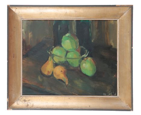 *CLEMENT SERNEELS (1912-1991) Still life studydepicting apples and pears in a glass bowl on a table, signed and dated '64 low