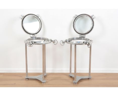 TWO ALUMINIUM PORTHOLE OCCASIONAL SIDE TABLESpolished with hinged rivetted tops and later tripod stands, one porthole stamped