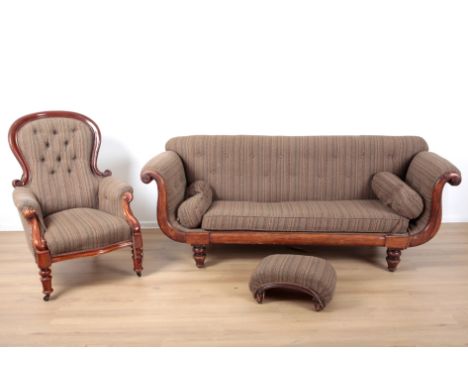 A VICTORIAN MAHOGANY FRAMED HIGH-BACK SOFAwith scrolled arms and terminating on baluster feet, 84cm high x 210cm wide x 70cm 