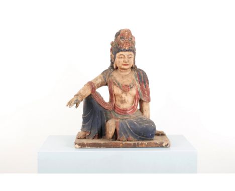 A LARGE POLYCHROME WOOD SCULPTURE OF GUANYINthe Bodhisattva seated in meditative pose, crowned and adorned with flowing robes