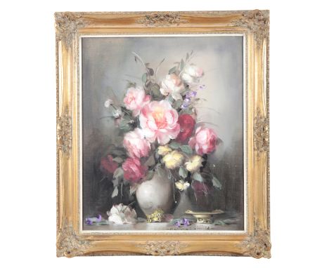 ENGLISH SCHOOL, 20TH CENTURY Still life of flowers in a vaseindistinctly signed lower right, oil on canvas, 59cm x 49.5cm