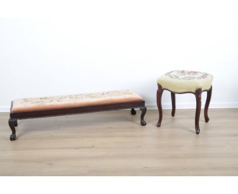 A GEORGIAN STYLE MAHOGANY LONG STOOL 20th century, the drop-in seat upholstered in orange embroidered velvet, with cabriole l
