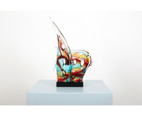 ZANETTI, ITALY: A MURANO ART GLASS TWIN ANGEL FISH SCULPTURE Venetian, the bubbled smoked glass with aqua, amber and orange s